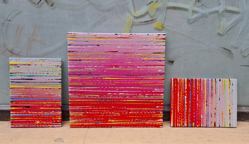 Coloured lines 2025 30 10x15 € 79, 23 20x20 € 130,  29 10x15 € 79, Spray-Lack auf Malkarton